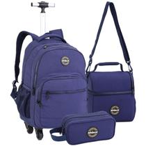 Kit Material Escolar Juvenil Mochila de Rodinhas Lancheira Térmica Estojo Compartimento Duplo Design Reforçado Masculina Meninos