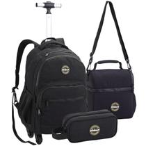 Kit Material Escolar Juvenil Mochila de Rodinhas Lancheira Térmica Estojo Compartimento Duplo Design Reforçado Masculina Meninos