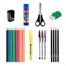 Kit Material Escolar Lapis De Cor Canetas Marcador Cola Tesoura E Mais