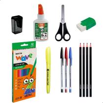 Kit Material Escolar Lapis De Cor Canetas Marcador Cola Tesoura E Mais