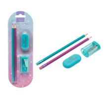 Kit Material Escolar Lapis HB Borracha Apontador Depósito 4 Peças