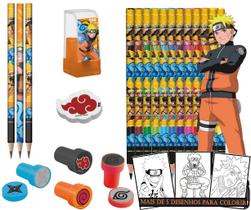 Kit Material Escolar Livri Para Colorir Naruto Lápis de Gráfite HB Lápis De Cor Apontador Borracha E Carimbo Tris