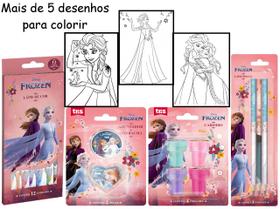 Kit Material Escolar Livrinho de Colorir Frozen Menina Lápis De Cor Carimbo Lápis De Escrever Borracha e Apontador Tris