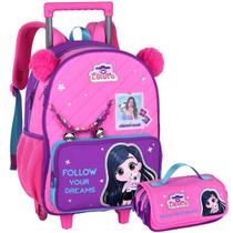 Kit Material Escolar Luluca Mochila Infantil com Rodinhas Estojo 3 Compartimentos Alça Reforçada Bolsos Laterais Design Colorido Criança