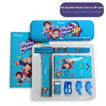 Kit Material Escolar Maria Clara e JP com Estojo Lápis Giz de Cera Apontador Régua Borracha Caderno