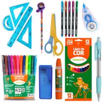 Kit Material Escolar Meninos Kit Geometrico Canetinha Tesoura Lapis de cor Apontador - Leo e Leo