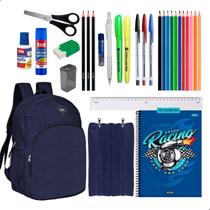 Kit Material Escolar Mochila Caderno Estojo Completo - Azul