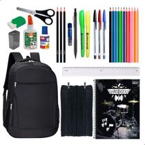 Kit Material Escolar Mochila Caderno Estojo Completo - - Preto