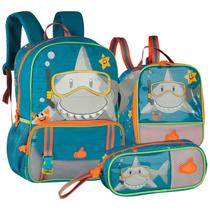 Kit Material Escolar Mochila de Costas Lancheira Térmica Estojo Infantil Meninos Estampa Tubarão Compartimento Espaçoso Reforçado