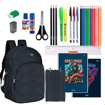 Kit Material Escolar Mochila Estojo 2 Cadernos 1 Matéria + Itens Masculino