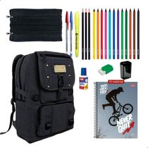 Kit Material Escolar Mochila Militar Caderno 10 Matérias Tilibra + Itens - Cinza