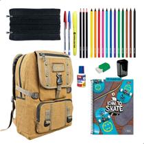 Kit Material Escolar Mochila Militar Caderno 10 Matérias Tilibra + Itens - Kit Material Escolar Mochila Militar Caderno 10 Matérias Tilibra + Itens -