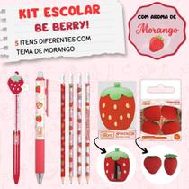 Kit Material Escolar Morango Super Fofo c/ 5 Itens Be Berry! Tilibra Lápis Borracha Apontador 2 Canetas