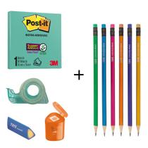 Kit Material Escolar Neon com 9 Itens + Bloco Post It