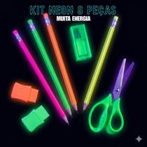 Kit Material Escolar Neon Lapis Triangular Borracha Com Capa Tesoura Inox 8 Pecas Kit Material Escolar Neon Lapis Triangular Borracha Com Capa Tesoura Inox 8 Pecas