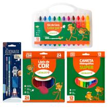 Kit Material Escolar Papelaria Giz De Cera Gel Canetinha Lapis de Cor 24 Cores - Leo e Leo