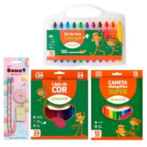 Kit Material Escolar Papelaria Giz De Cera Gel Canetinha Lapis de Cor 24 Cores - Leo e Leo