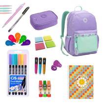 Kit Material Escolar Premium Mochila Estojo Brush Carimbo Princesa Lilás Fofo kawaii Menina Juvenil
