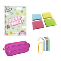 Kit Material Escolar Rosa Caderno 15 Matérias Estojo 2 Divisórias Fundamental Médio Faculdade Menina