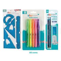 Kit Material Escolar Sky Paper Com Kit 5 Marca Texto+2 Lápis+Borracha+Apontador+Kit De Regua Kit Material Escolar Sky Paper Com Kit 5 Marca Texto+2 Lápis+Borracha+Apontador+Kit De Regua
