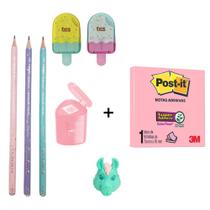 Kit Material Escolar Tom Pastel com 6 Itens + Bloco Post It