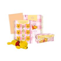 Kit Material Escolar Ursinho Pooh 2 Estojos Grande e Pelúcia Fluffly Caderno Universitário e Refil