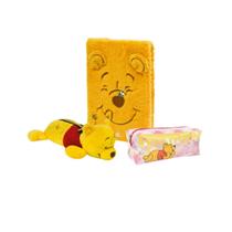 Kit Material Escolar Ursinho Pooh com 2 Estojos Pelúcia Grande e Caderno Fluffy Anotações Faculdade