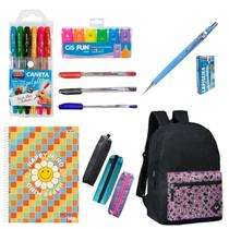 Kit Material Escolar Volta as Aulas 19 itens com Mochila Caderno e Estojo Caneta Gel Lápis Faculdade