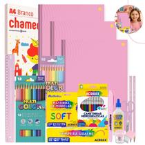 Kit Material Escolar Volta As Aulas Infantil 70 itens Rosa ou Lilás Tons Pastéis Ensino Fundamental Infantil