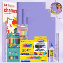 Kit Material Escolar Volta As Aulas Infantil 70 itens Rosa ou Lilás Tons Pastéis Ensino Fundamental Infantil