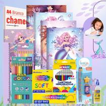 Kit Material Escolar Volta As Aulas Infantil 70 itens Sereia Loly Ensino Fundamental Infantil Faber Acrilex Chamequinho