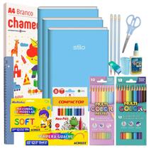 Kit Material Escolar Volta As Aulas Infantil 70 itens Tons Pastéis Ensino Fundamental Infantil Faber Acrilex Chamequinho