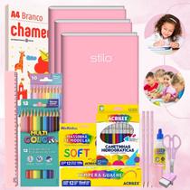 Kit Material Escolar Volta As Aulas Infantil 70 itens Tons Pastéis Ensino Fundamental Infantil Faber Acrilex Chamequinho