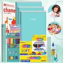 Kit Material Escolar Volta As Aulas Infantil 70 itens Tons Pastéis Ensino Fundamental Infantil Faber Acrilex Chamequinho