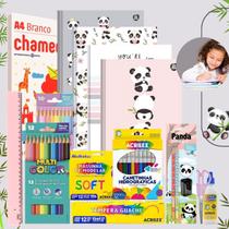 Kit Material Escolar Volta As Aulas Infantil 71pcs Ursinho Panda Ensino Fundamental Infantil Faber Acrilex Chamequinho