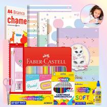 Kit Material Escolar Volta As Aulas Infantil 72 itens Gatinha Sissi Tons Pastéis para Ensino Infantil ou Fundamental