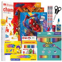 Kit Material Escolar Volta As Aulas Infantil 72 itens Spider Man Ensino Fundamental Infantil Faber Acrilex Chamequinho