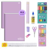 Kit Material Escolar Volta as Aulas Infantil Menina Tom Pastel Lilás Caderno Brochura Lápis Borracha Régua Cola 11 peças Kit Material Escolar Volta as Aulas Infantil Menina Tom Pastel Lilás Caderno Brochura Lápis Borracha Régua Cola 11 peças