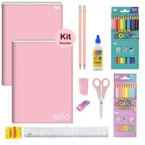 Kit Material Escolar Volta as Aulas Infantil Menina Tom Pastel Rosa Caderno Brochura Lápis Borracha Régua Cola 11 peças Kit Material Escolar Volta as Aulas Infantil Menina Tom Pastel Rosa Caderno Brochura Lápis Borracha Régua Cola 11 peças