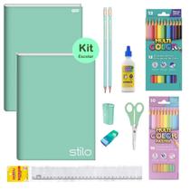 Kit Material Escolar Volta as Aulas Infantil Menina Tom Pastel Verde Caderno Brochura Lápis Borracha Régua Cola 11 peças Kit Material Escolar Volta as Aulas Infantil Menina Tom Pastel Verde Caderno Brochura Lápis Borracha Régua Cola 11 peças