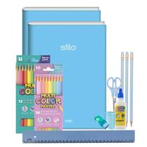 Kit Material Escolar Volta as Aulas Infantil Menina Tons Pasteis 32pcs Caderno Brochura Lápis Preto e Cor Borracha Régua