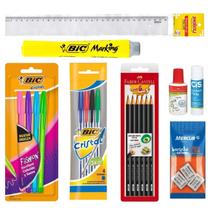 Kit Material Escolar Voltas Aulas Escrita 21 itens Canetas Borrachas Corretivo Lápis Cola Marca-Texto Régua Bic Faber