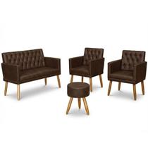 Kit material sintético Sofá 1 Namoradeira 2 Poltronas com Puff Capitone para recepção clinica 4 lugares resistente para sala pequena