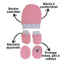 Kit maternidade luva, meia e touca protege mãos, pés e cabeça do bebe mantendo aquecido