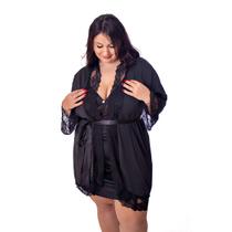 Kit Maternidade Plus Size IMI Camisola com Abertura para Amamentação e Robe com Renda