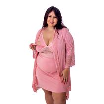 Kit Maternidade Plus Size IMI Camisola com Abertura para Amamentação e Robe com Renda