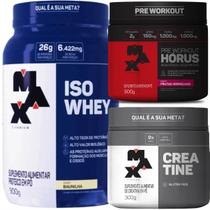 Kit Max Titanium: ISO Whey Isolado 900g + Creatina 100% Pura 300g + Pré Treino Hórus 300g Kit Max Titanium: ISO Whey Isolado 900g + Creatina 100% Pura 300g + Pré Treino Hórus 300g