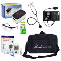 Kit medicina com esfigmomanômetro estetoscópio Oxímetro óculos termômetro Bic PRETO