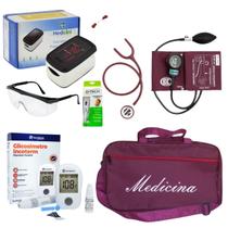 Kit medicina com esfigmomanômetro estetoscópio Oxímetro óculos termômetro Bic Vinho Kit medicina com esfigmomanômetro estetoscópio Oxímetro óculos termômetro Bic Vinho