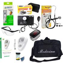 Kit medicina com esfigmomanômetro estetoscópio Oxímetro óculos termômetro Premium Preto Kit medicina com esfigmomanômetro estetoscópio Oxímetro óculos termômetro Premium Preto